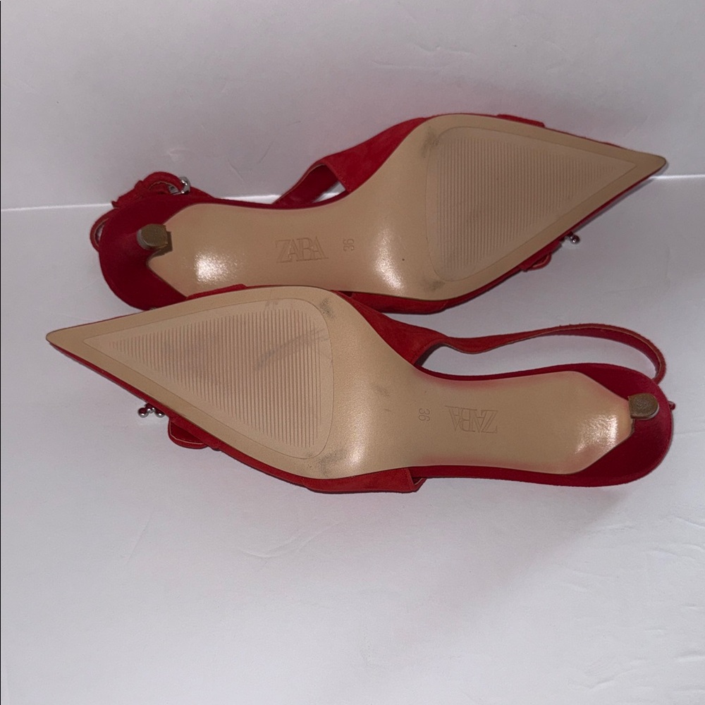 Zara Red Suede Rhinestone Brooch Pointy Toe Mid-heel Slingback Heels EU Sz 36 - Picture 7 of 8